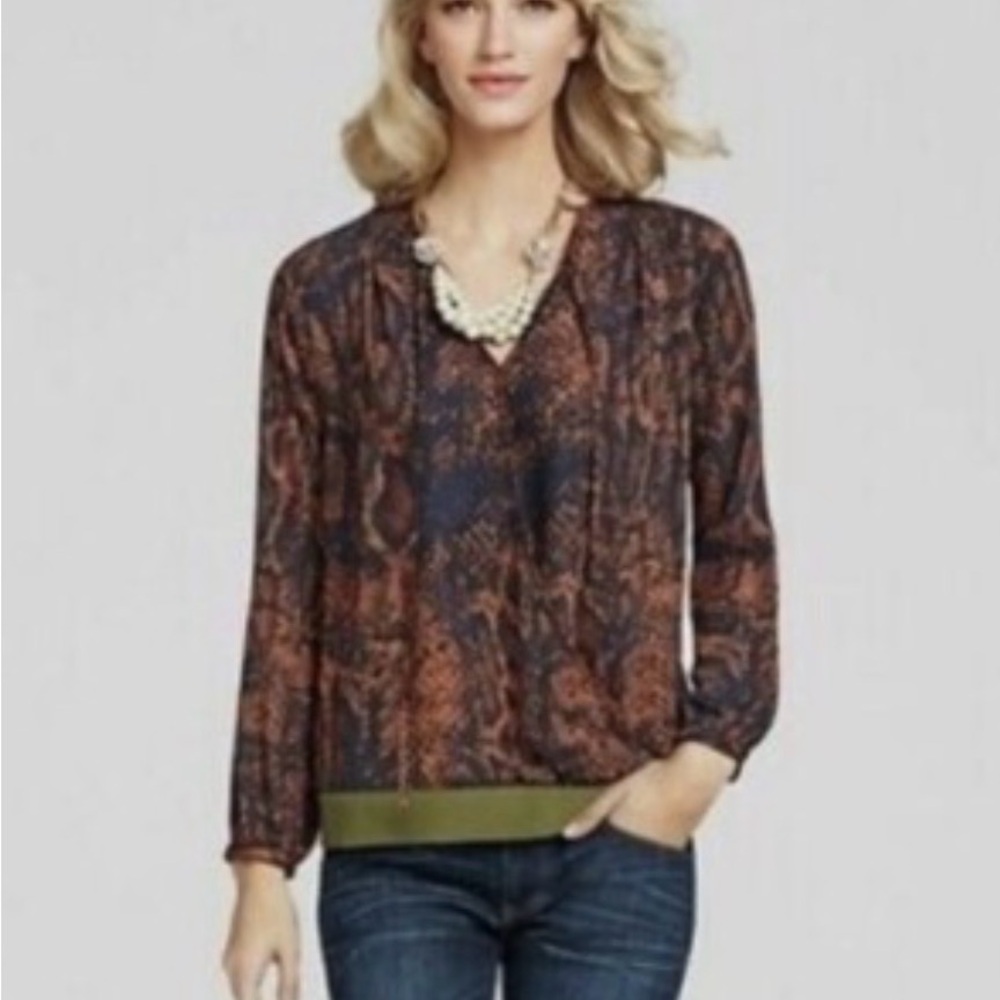 CAbi Style 101, Small- Women's Python Print Border Wrap Blouse Navy and Orange
